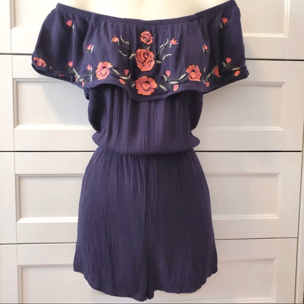 Gorgeous romper  off the shoulder top Navy Blue with embroidered roses.